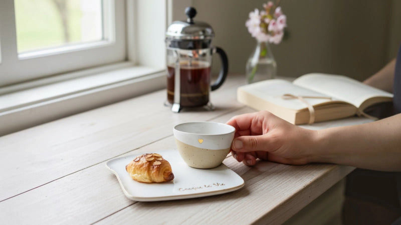 Assiette en forme de tartine sur laquelle est écrit "Croque la vie" et tasse décorée d'un petit coeur