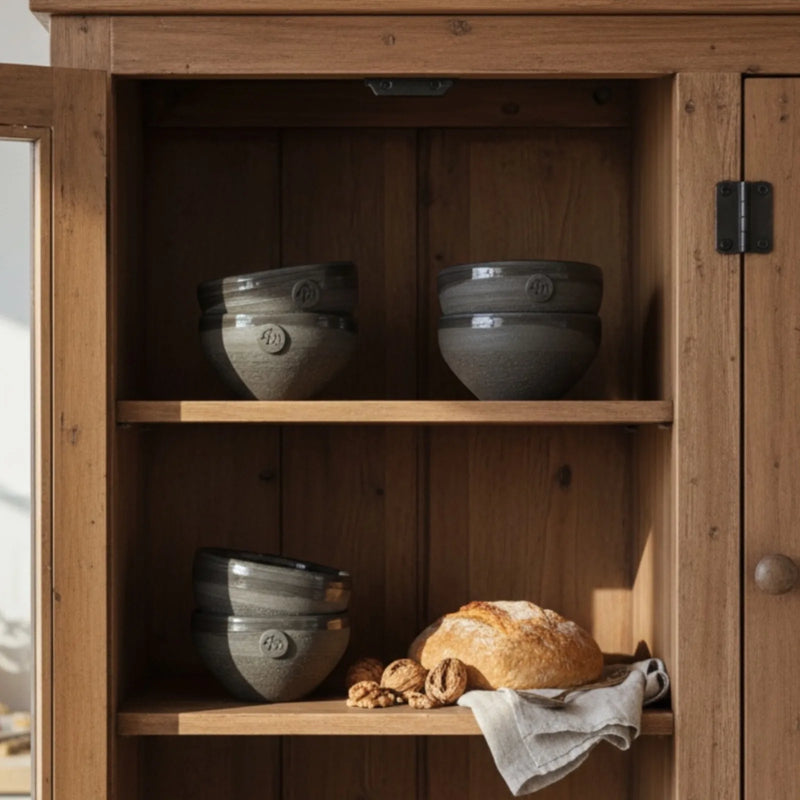 Bols en grès gris au style rustique dans une armoire