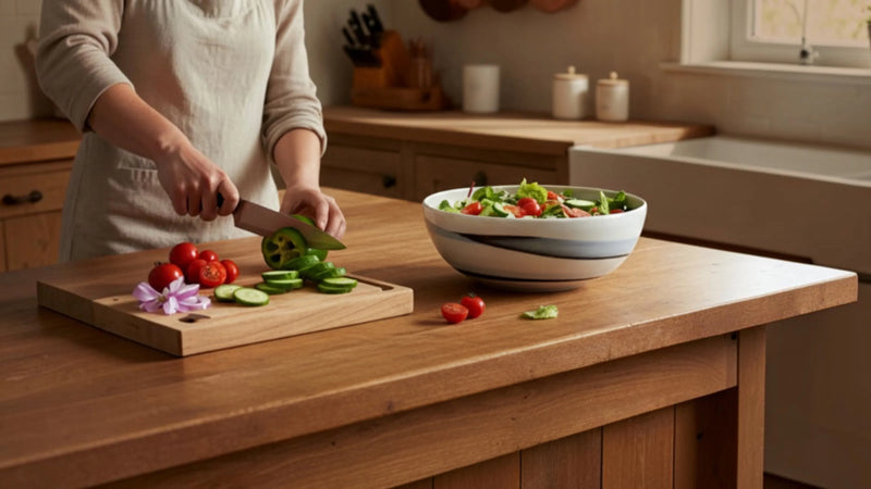 Saladier en porcelaine noir et blanc dans une cuisine. Une personne coupe les légumes.