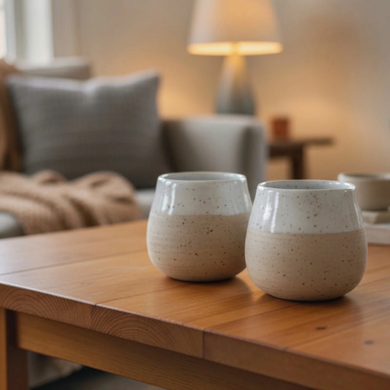 Tasses en grès de couleur beige et émail blanc