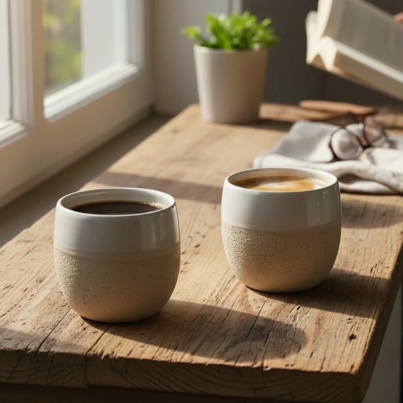 Tasse en grès beige et email blanc